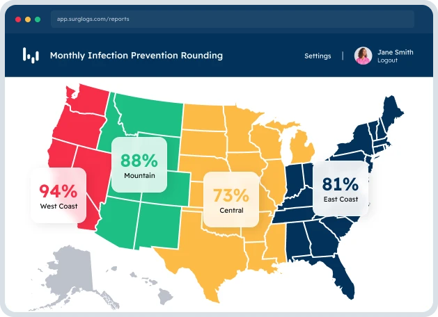 Monthly infection prevention rounding by region